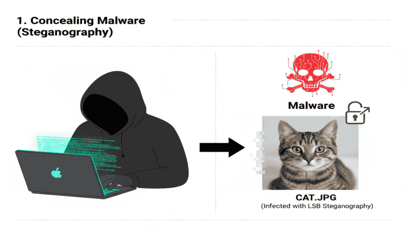 Caminho malware LSB steganography demonstration showing how malicious code is hidden within image files
