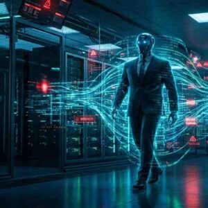 Cybersecurity illustration representing the ChatGPT AgentForger vulnerability and rogue AI insider threats.