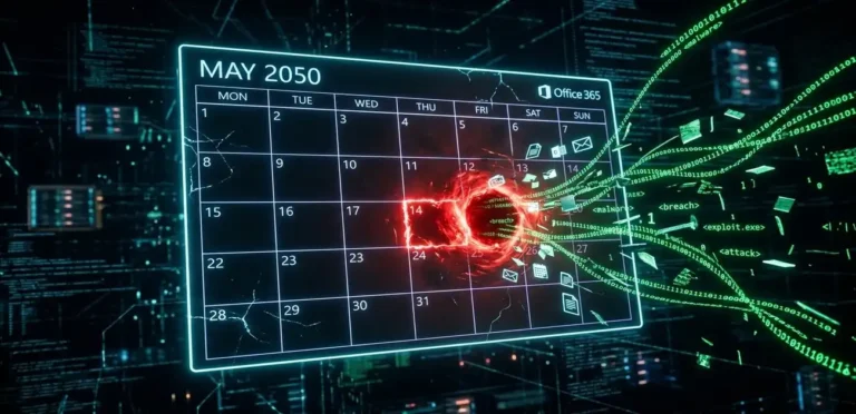 Conceptual illustration of the HollowGraph malware hiding malicious code inside a Microsoft 365 calendar event.
