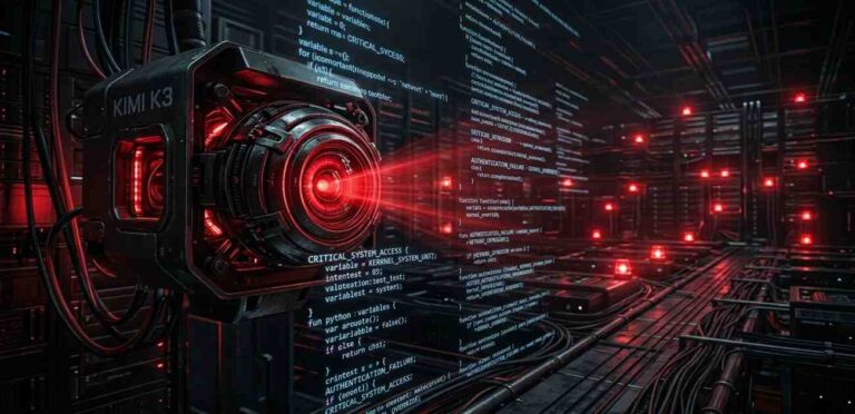 Conceptual visualization of the Kimi K3 AI agent scanning and discovering Redis zero-day vulnerabilities.