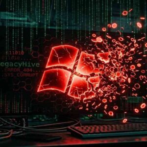 Conceptual visualization of the Windows LegacyHive zero-day vulnerability corrupting the registry.