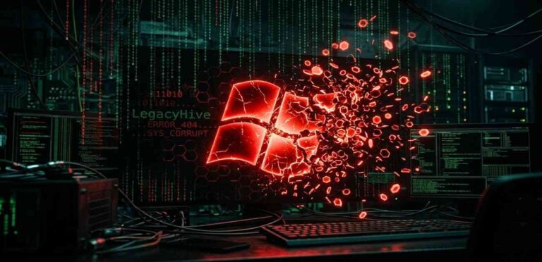 Conceptual visualization of the Windows LegacyHive zero-day vulnerability corrupting the registry.