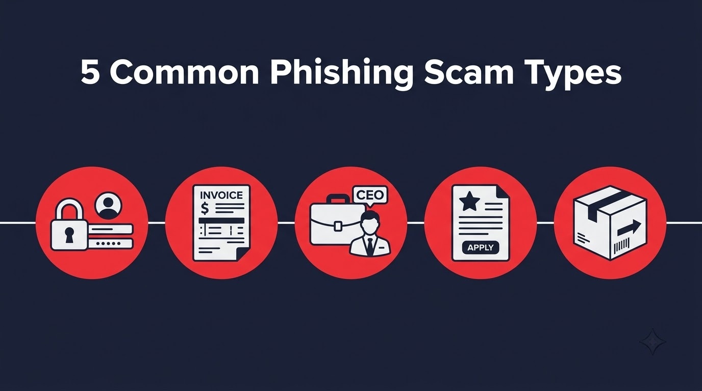 5 common phishing scam types including fake invoice, CEO fraud, and delivery scams