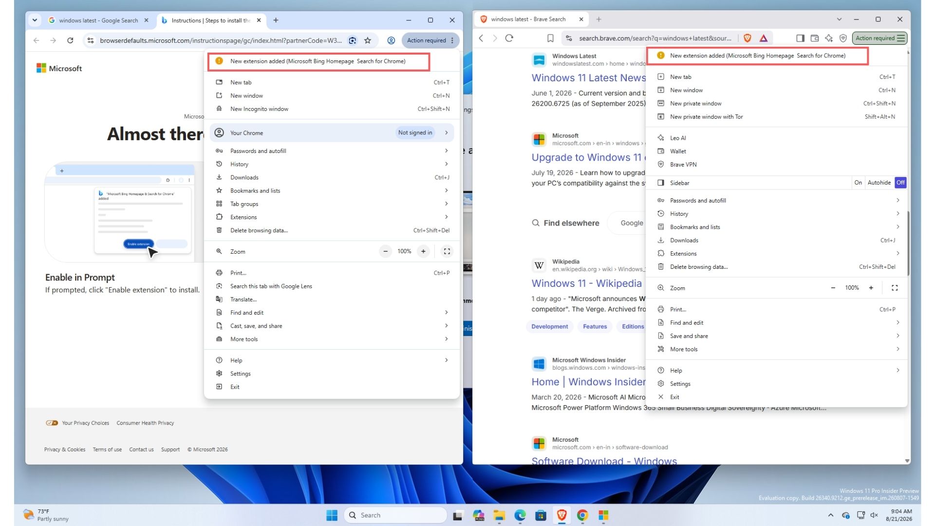 Security warning in Chrome and Brave browsers for new Microsoft Bing Homepage Search extension
