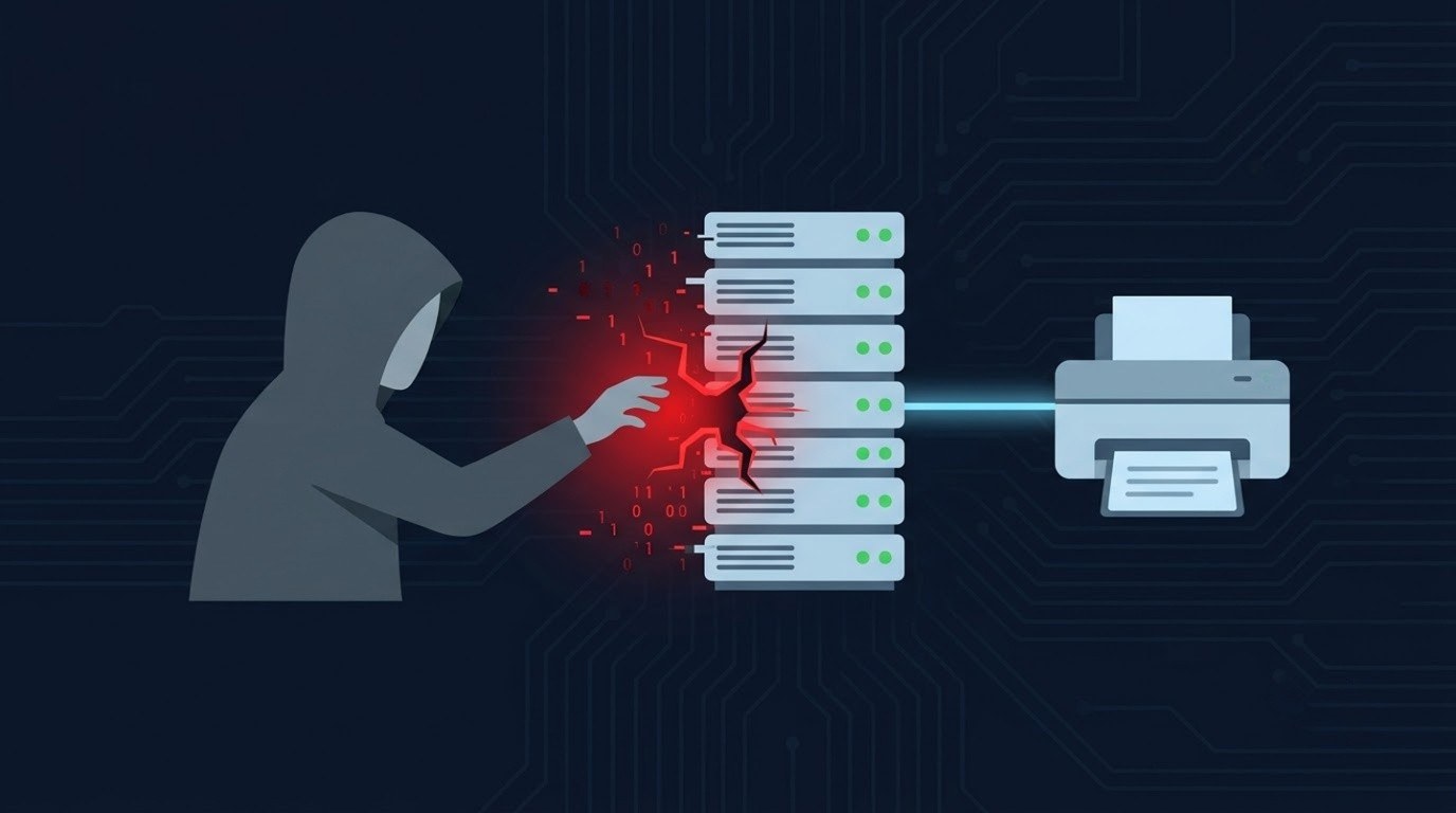 PaperCut NG MF vulnerability: Illustration of a hacker exploiting a print management server
