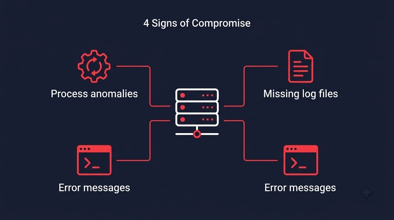 Diagram showing 4 signs of compromise for the PaperCut vulnerability including missing log files and process anomalies