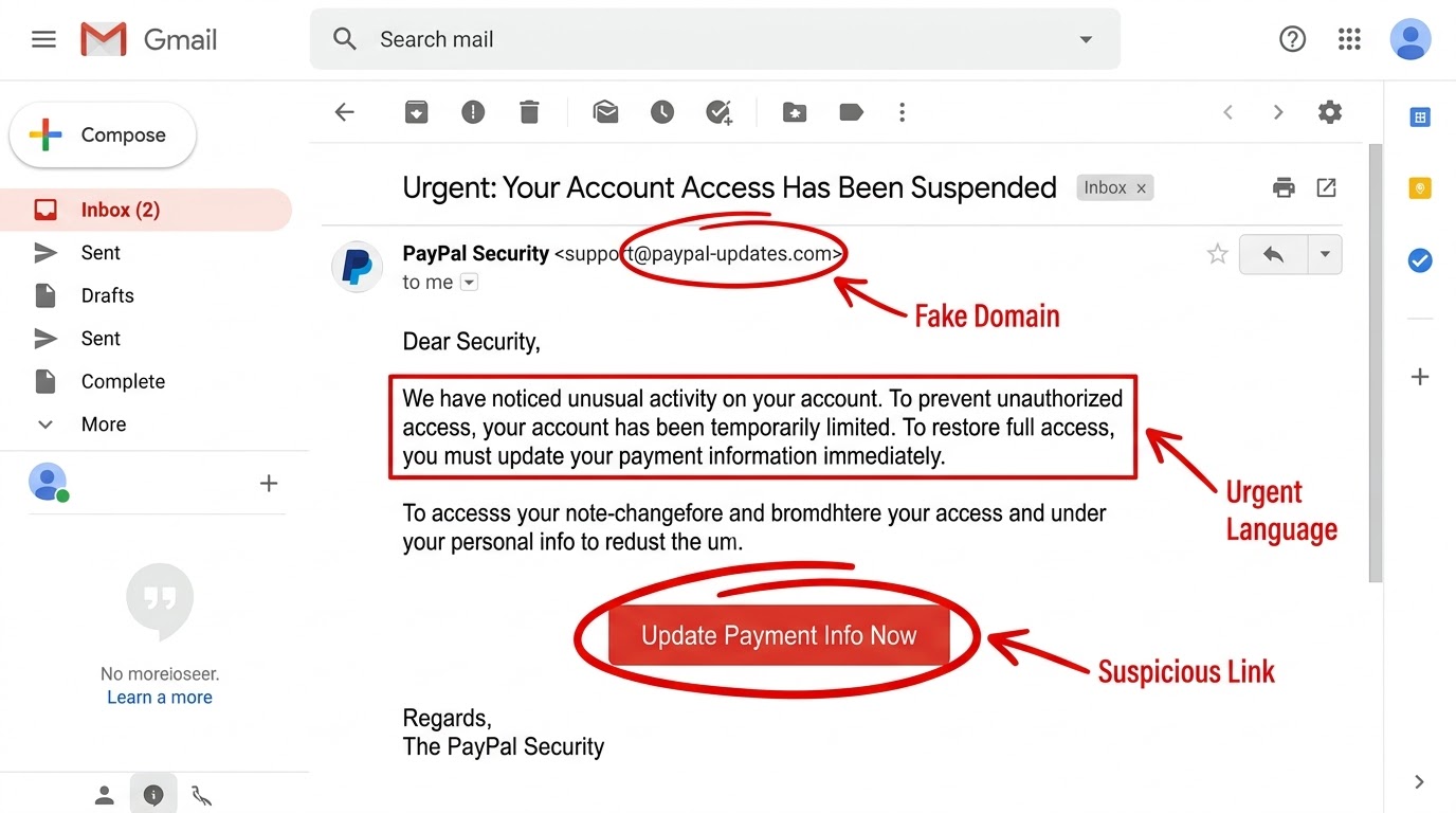 Fake PayPal phishing email example highlighting red flags like a fake domain and suspicious links