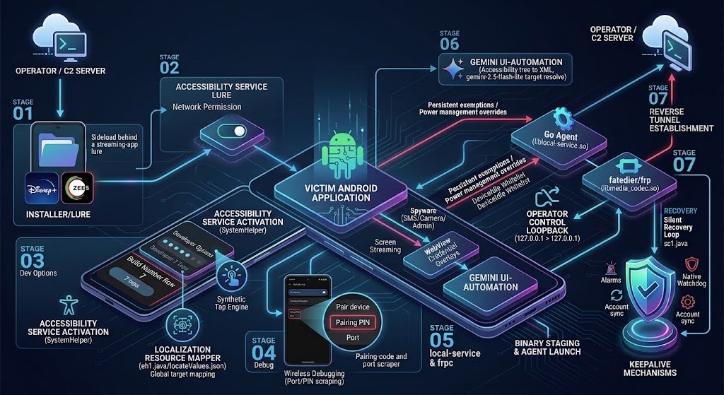 RatHat Android malware architecture showing Accessibility abuse, Wireless Debugging, ADB pairing and persistence mechanisms