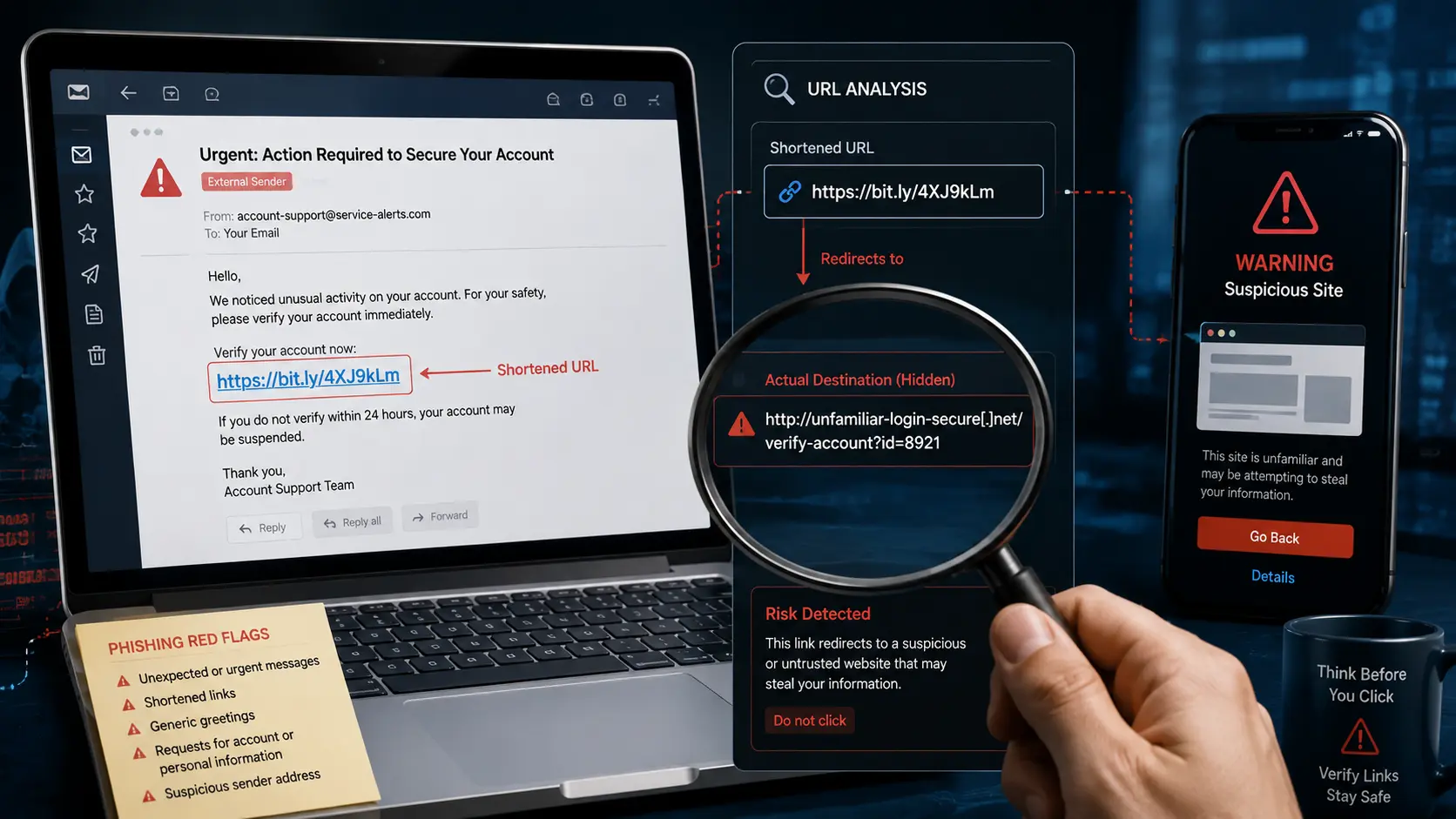 Shortened URL hiding a suspicious destination in a phishing message