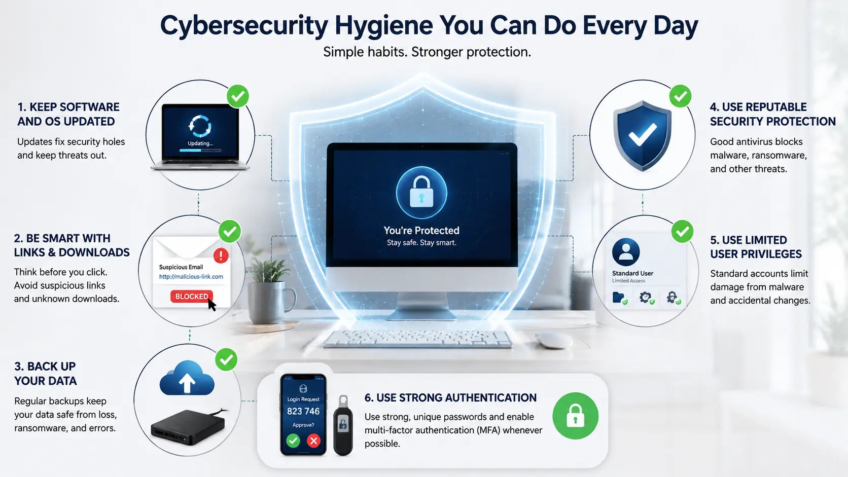 Ways to prevent viruses and malicious code with software updates, antivirus protection, backups, careful browsing, and limited privileges