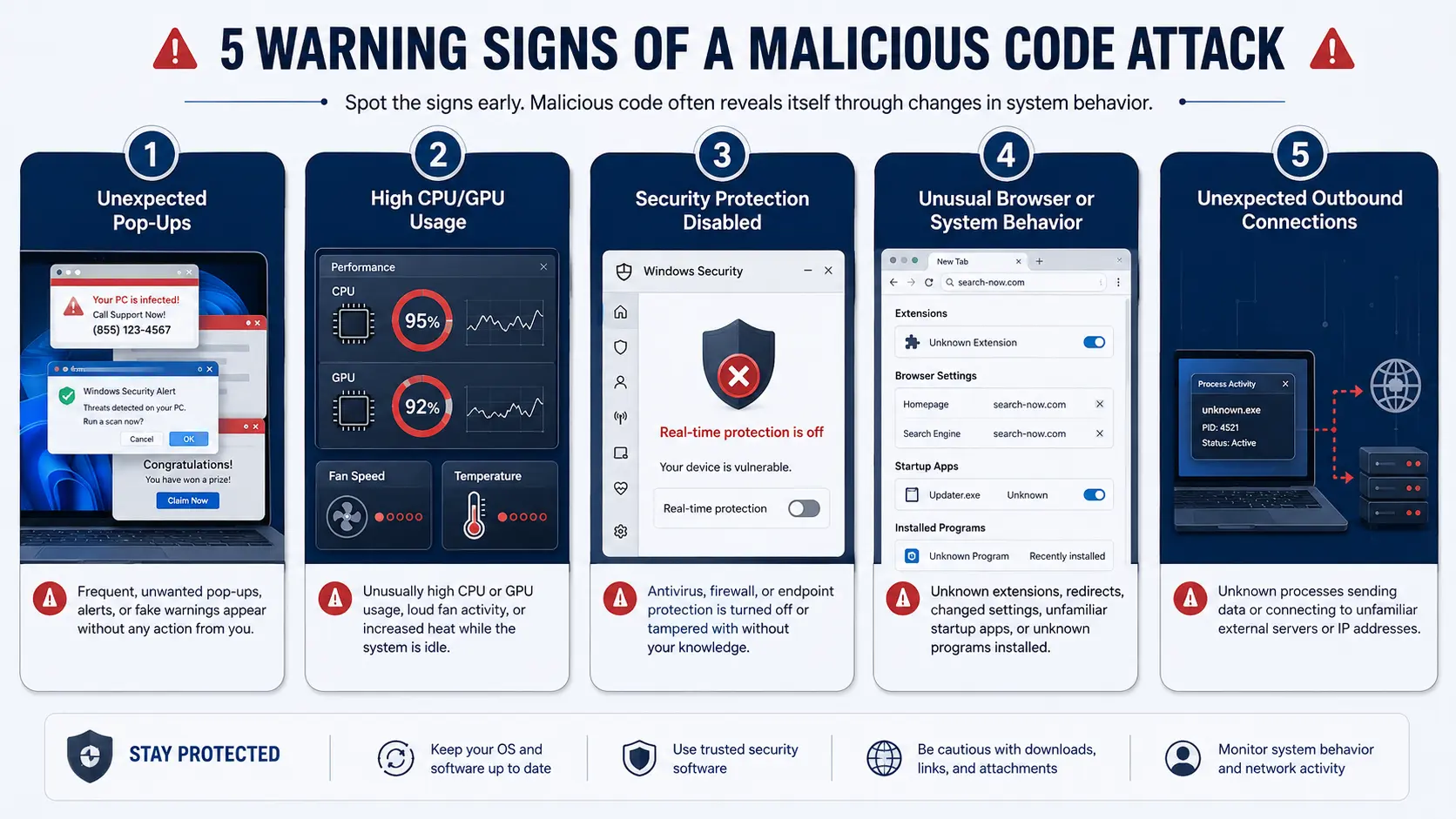 Five warning signs of a possible malicious code attack including pop-ups, high CPU usage, disabled antivirus, unusual system behavior, and outbound connections
