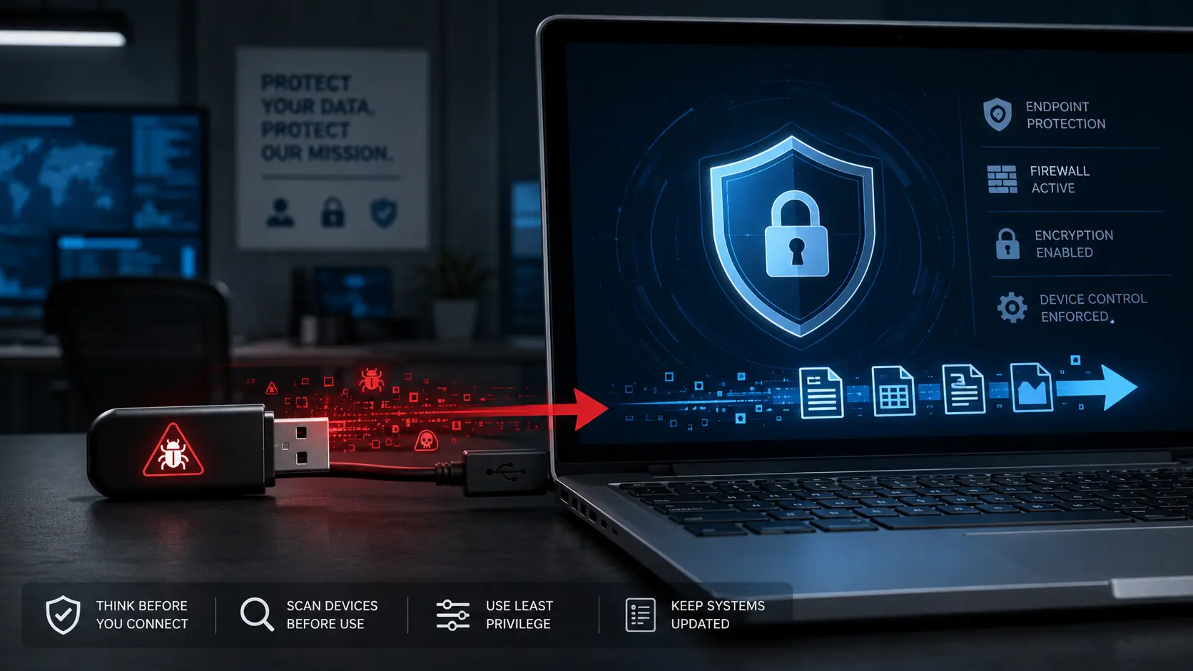USB removable media carrying malicious code into a computer and sensitive data out of a system