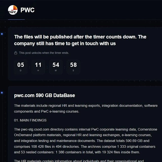 Screenshot of Everest ransomware leak-site claim naming PwC and alleging 590 GB of data